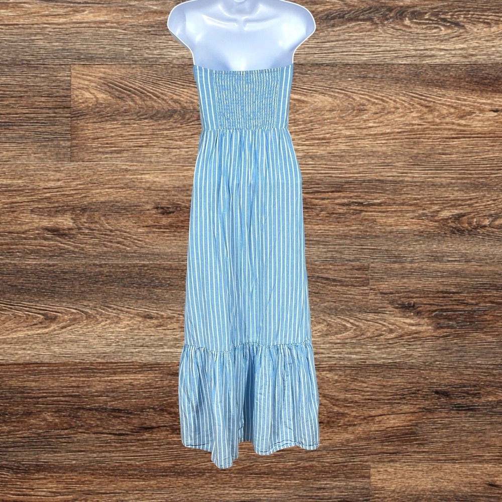 L*Space Melody Dress Size M Blue Bay Stripes Linen Blend Strapless Maxi Tiered - Picture 3 of 8